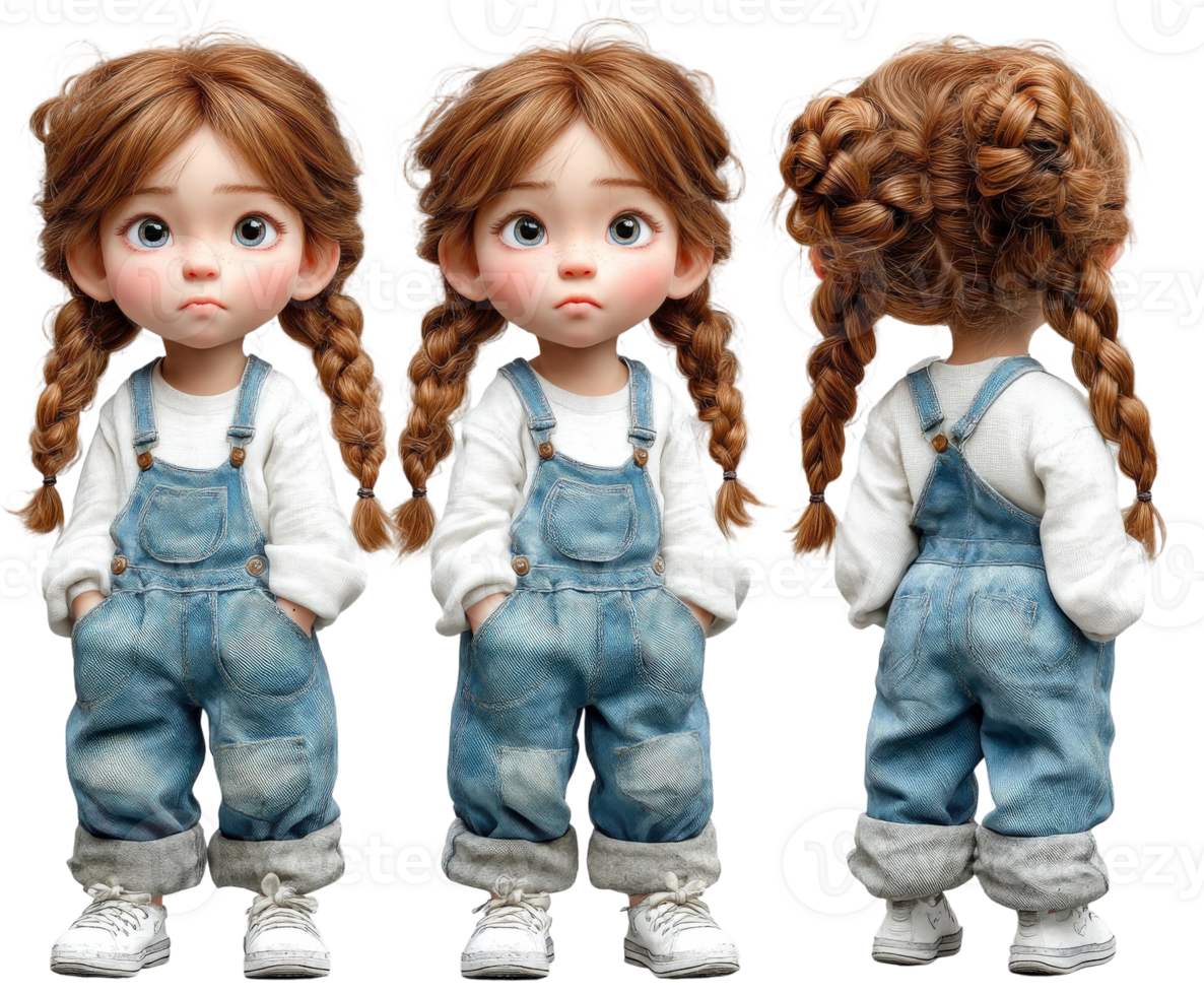 Three different dolls of a little girl wearing overalls png