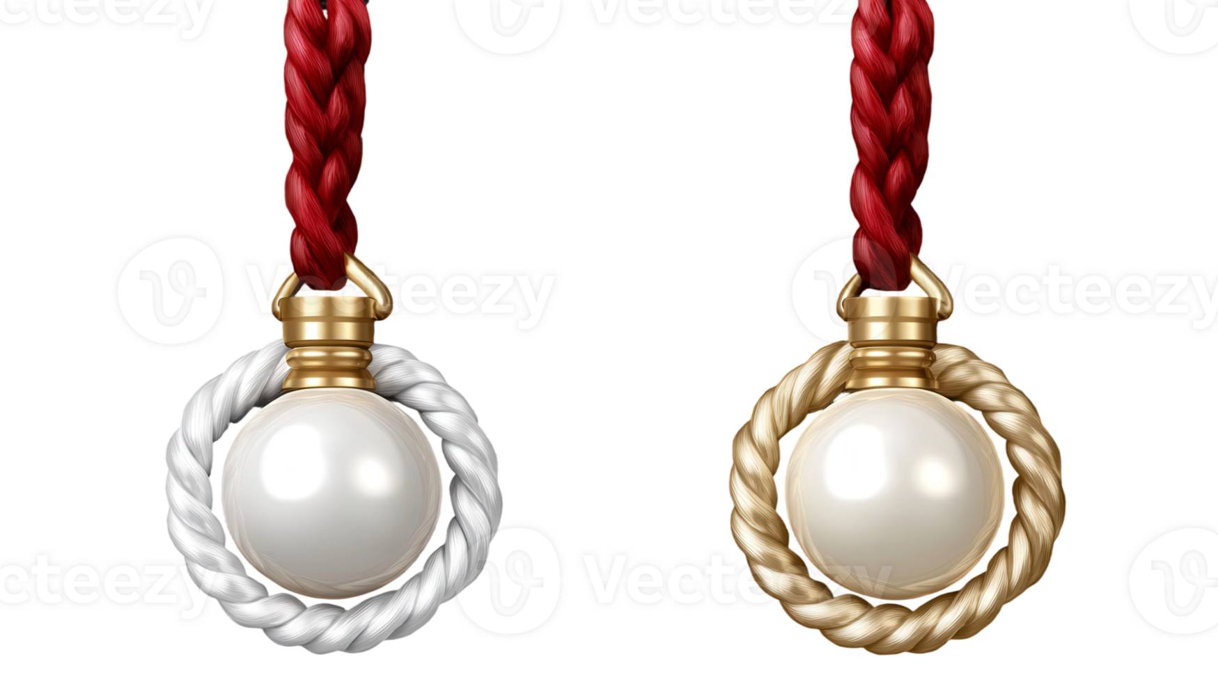 Two gold and white pearls hanging from a red rope png