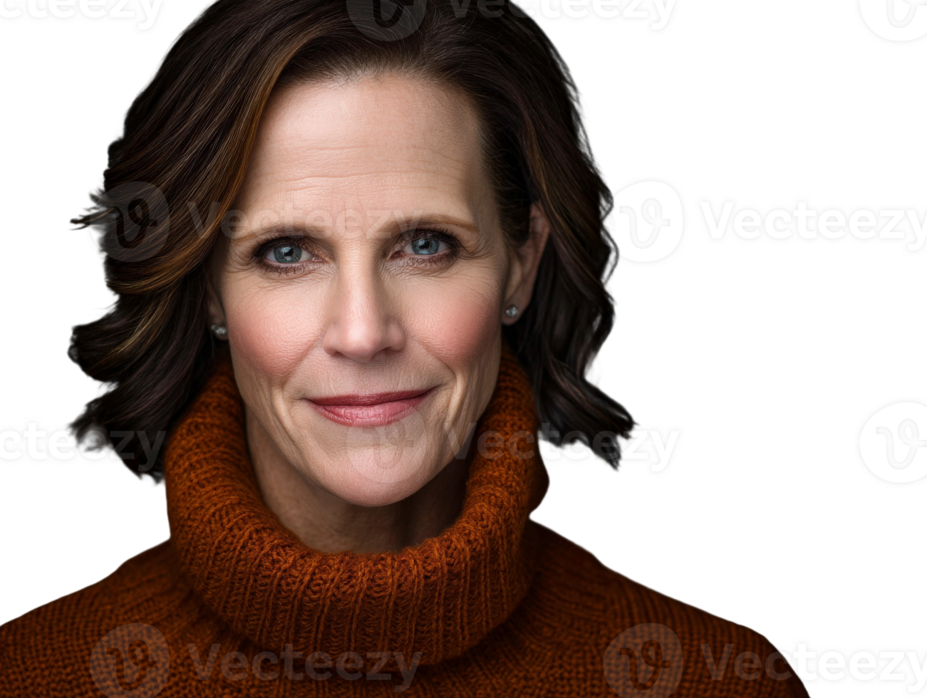 A woman in an orange sweater and turtle neck png