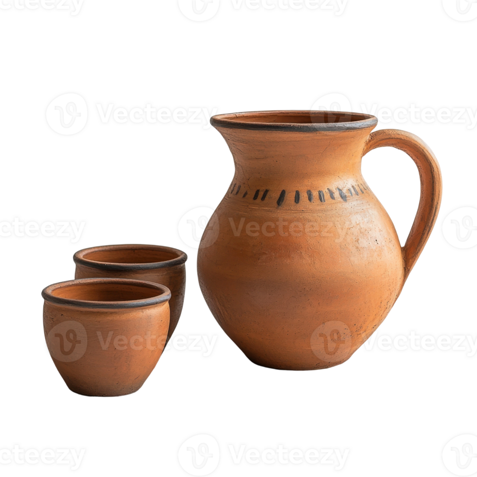 A brown pitcher and two cups on a black background png