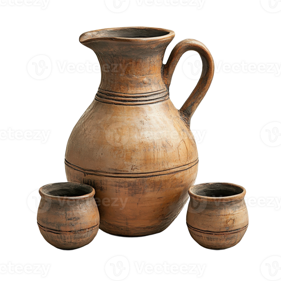 A brown jug and two small cups on a black background png