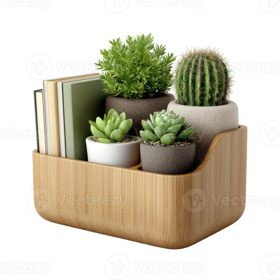 A wooden planter with cactus plants and books png
