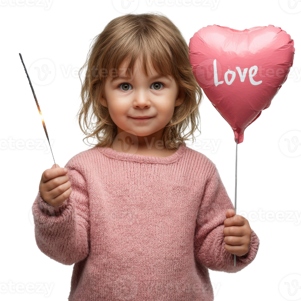 A little girl holding a heart shaped balloon with the word love written on it png
