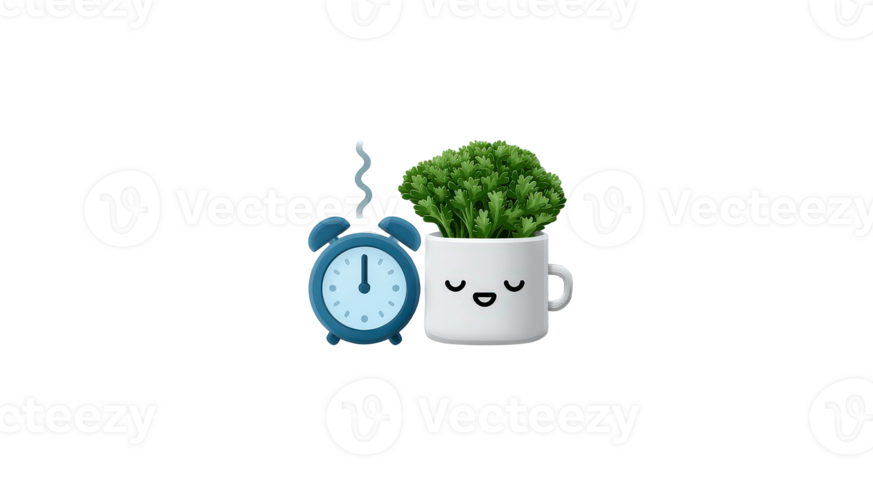 A plant in a mug with an alarm clock next to it png