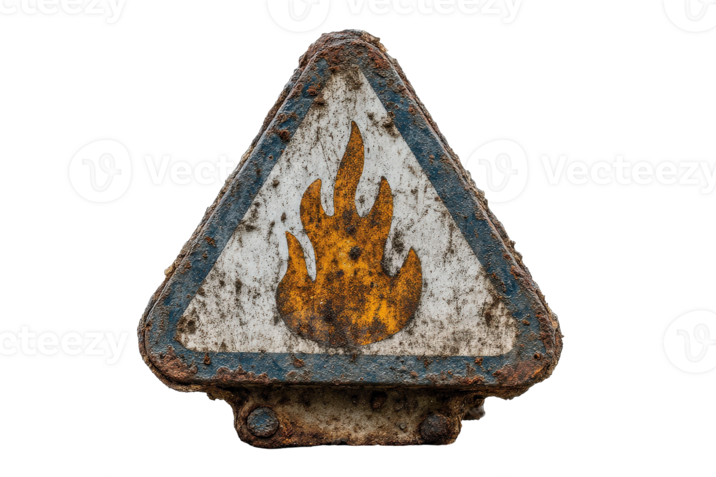 A rusty triangle sign with a fire in it png