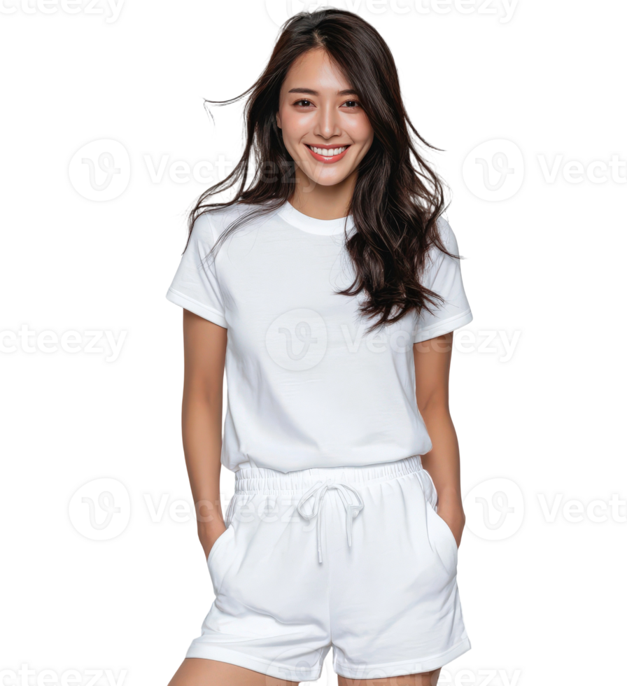 A woman in white shorts and a white t - shirt png