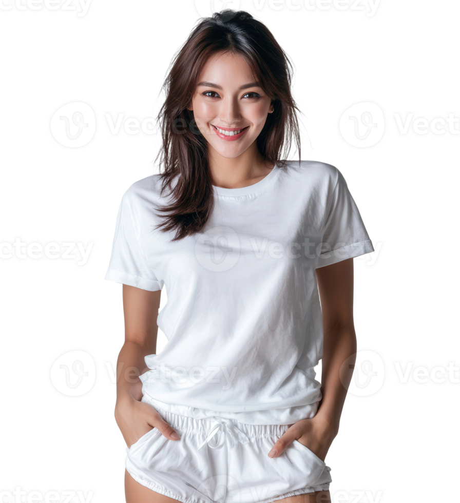 A woman in white t - shirt and shorts posing for the camera png