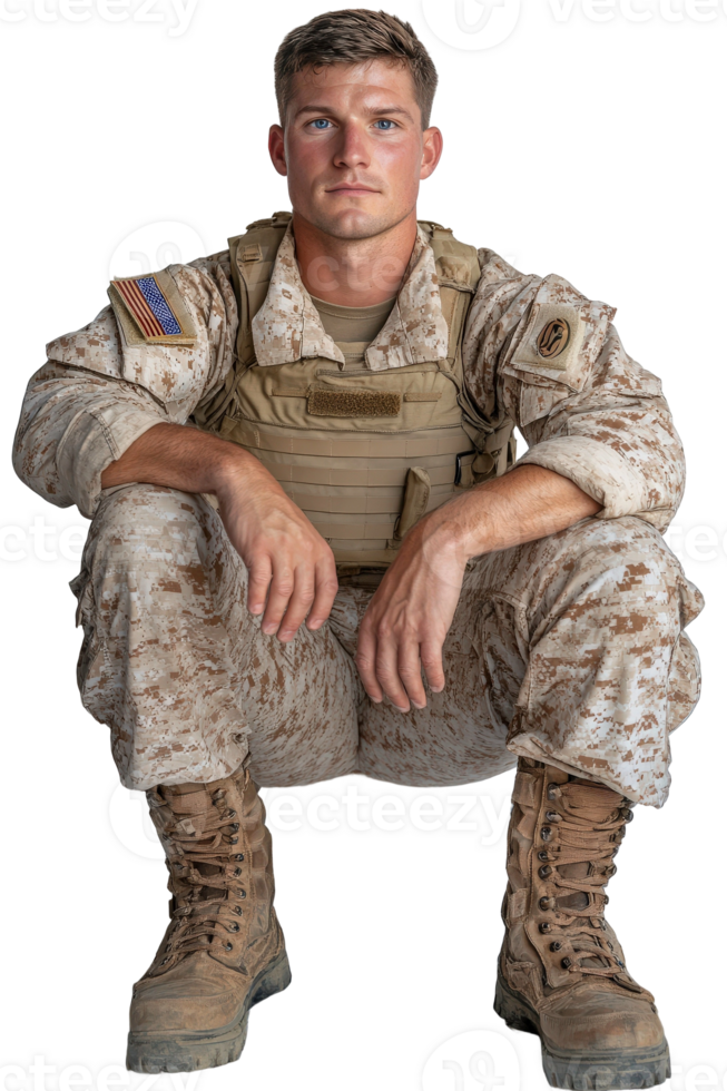 A soldier sitting down with his legs crossed png