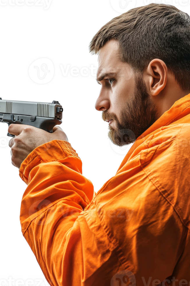 A man in an orange prison uniform holding a gun png