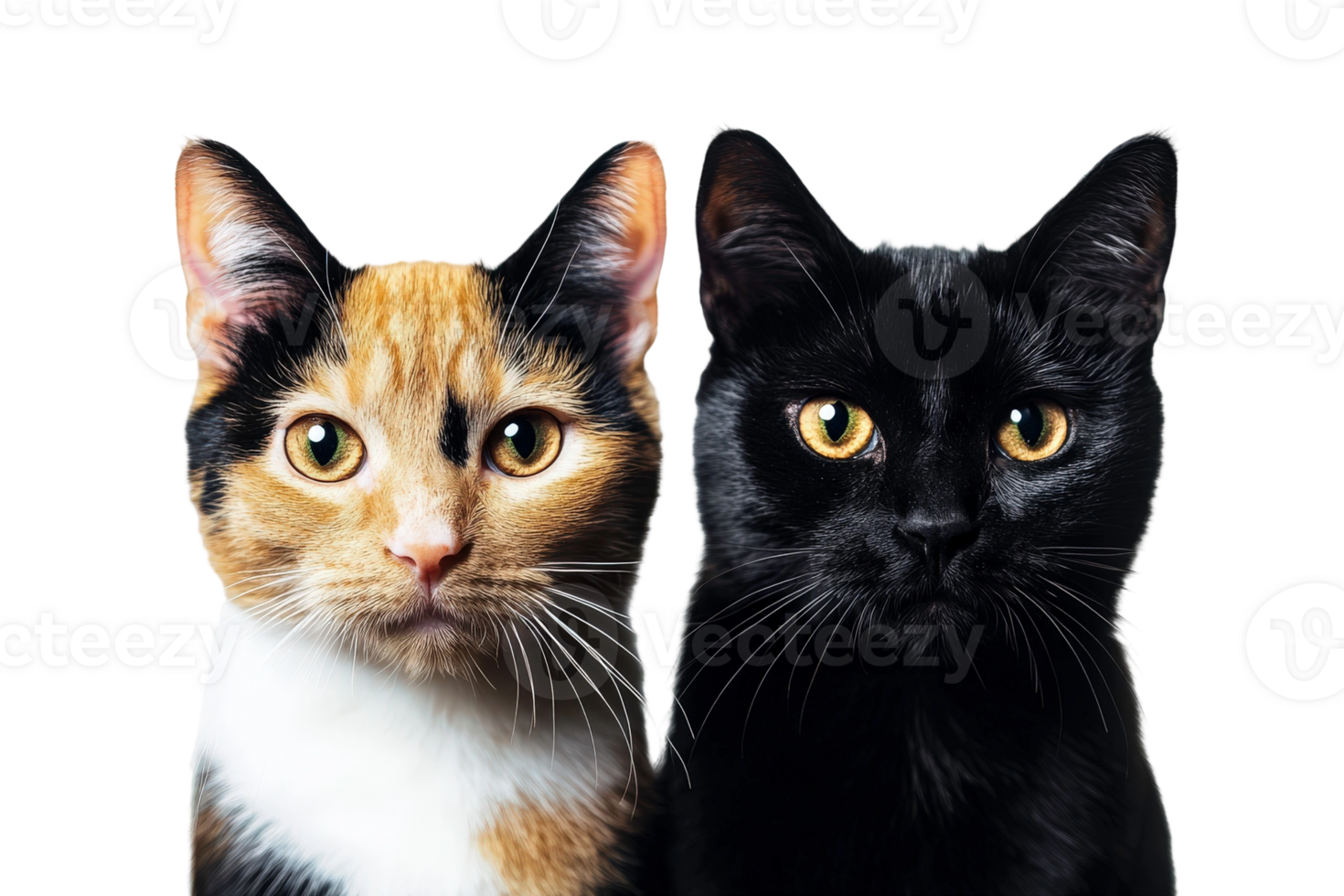 Two cats are looking at the camera on a black background png