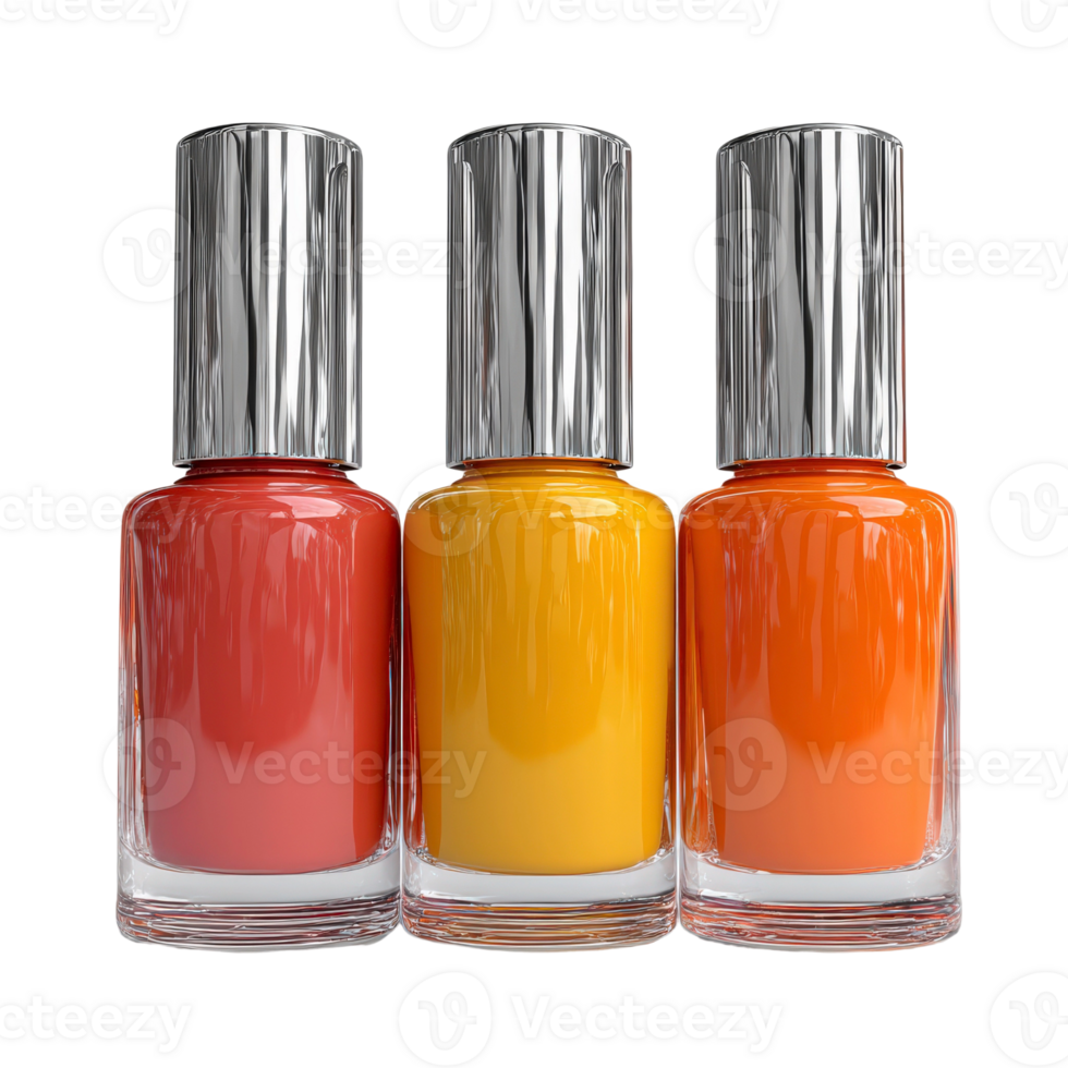 Three bottles of nail polish with orange, yellow and red png