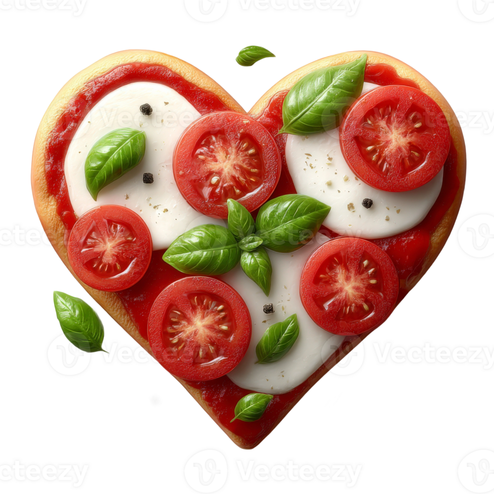 A heart shaped pizza with tomatoes and basil png