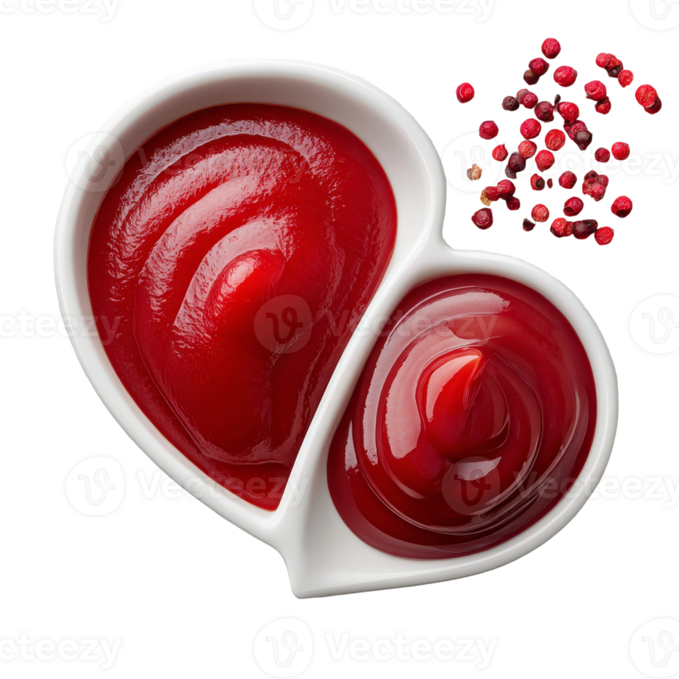 Two heart shaped bowls of red sauce with red pepper png