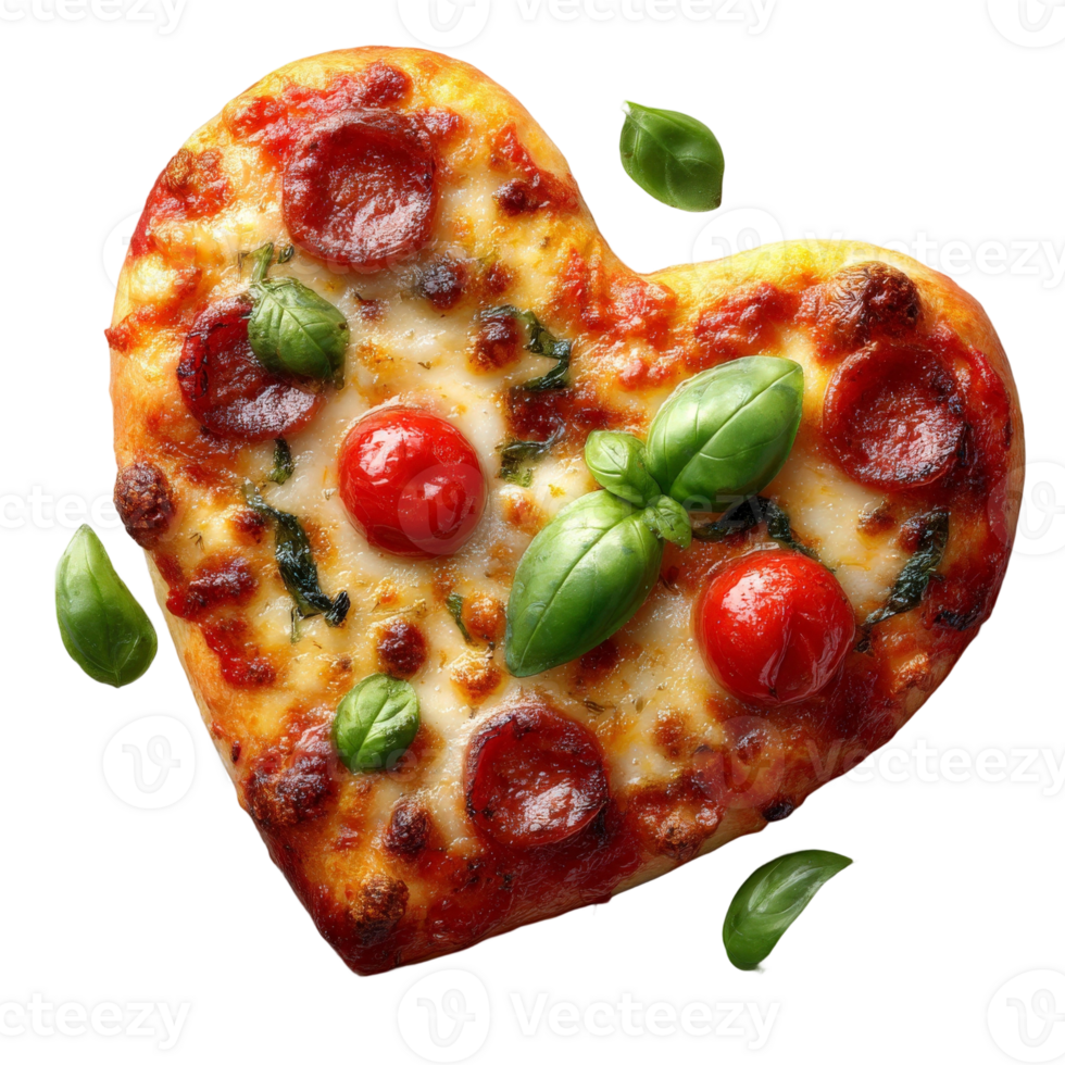 A heart shaped pizza with pepperoni and basil leaves png