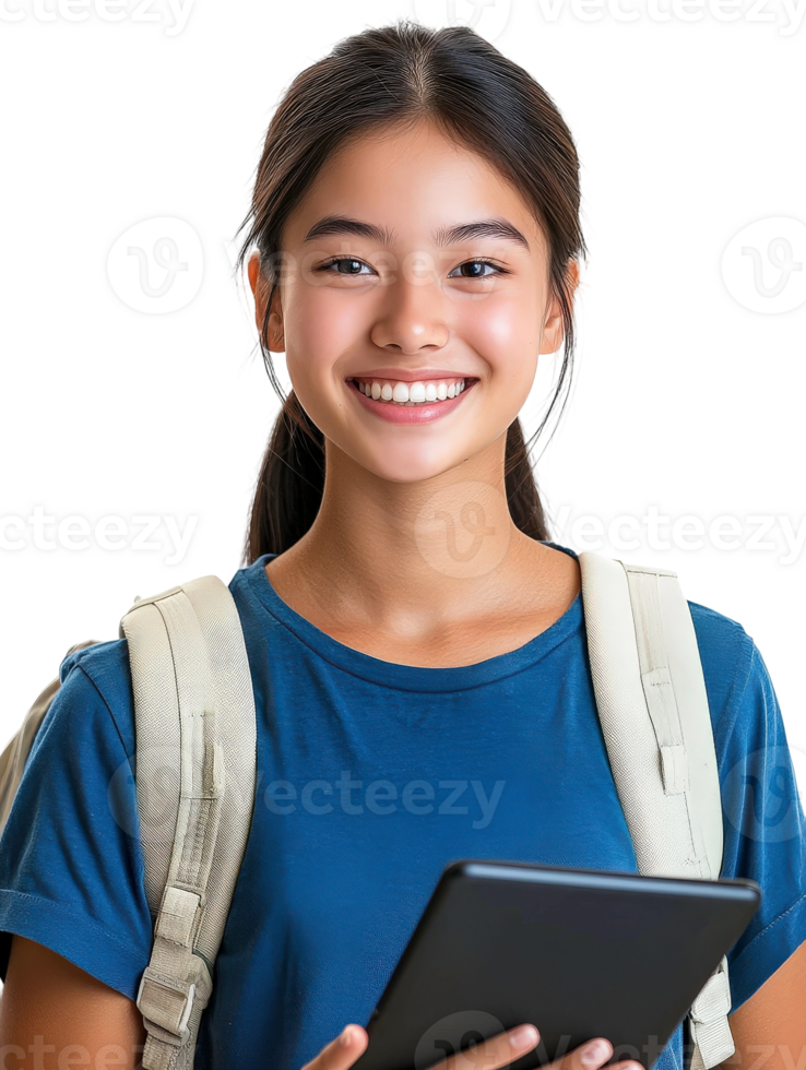 A smiling girl holding a tablet computer png