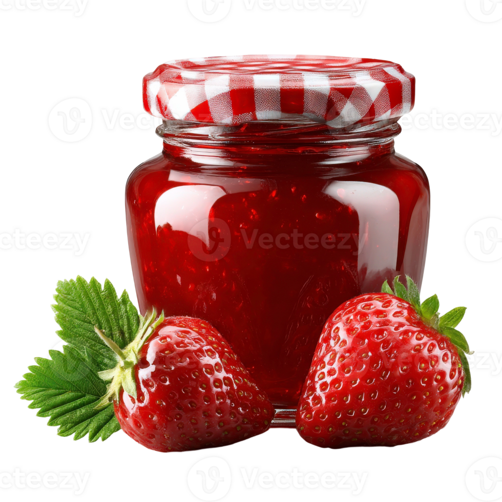 A jar of strawberry jam with two strawberries png