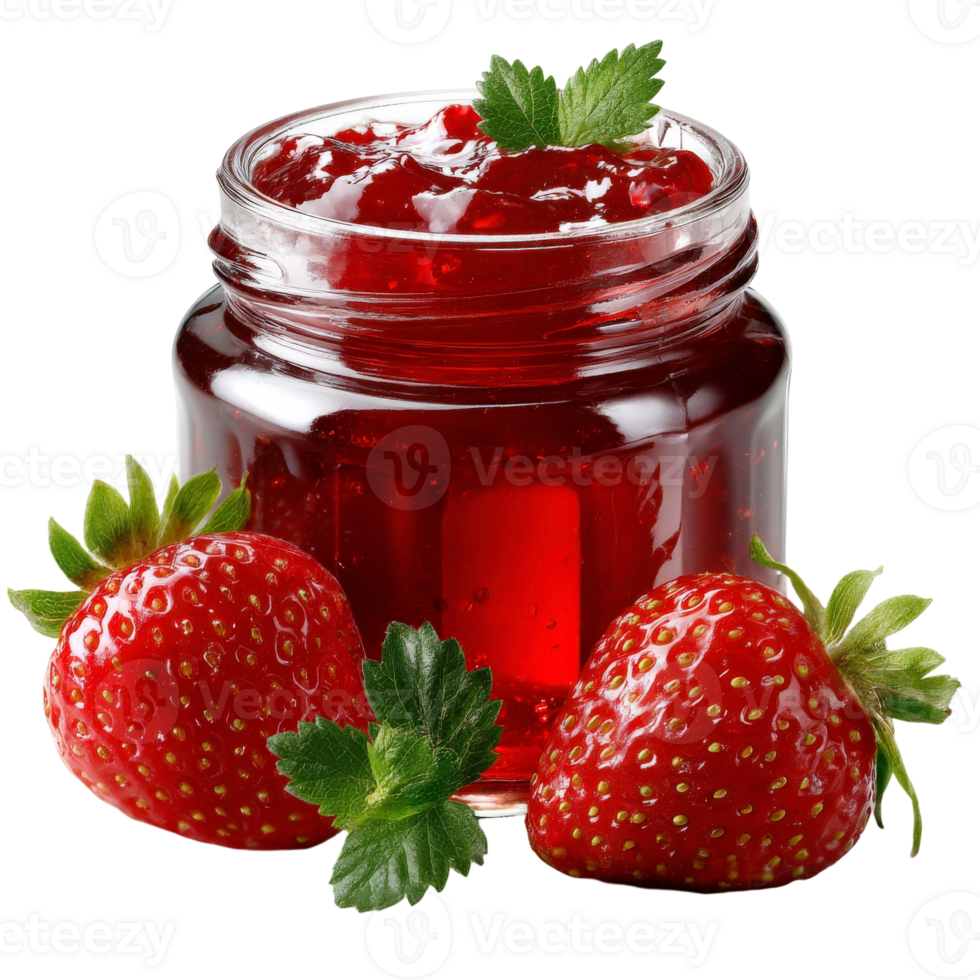 A jar of strawberry jam with strawberries on top png