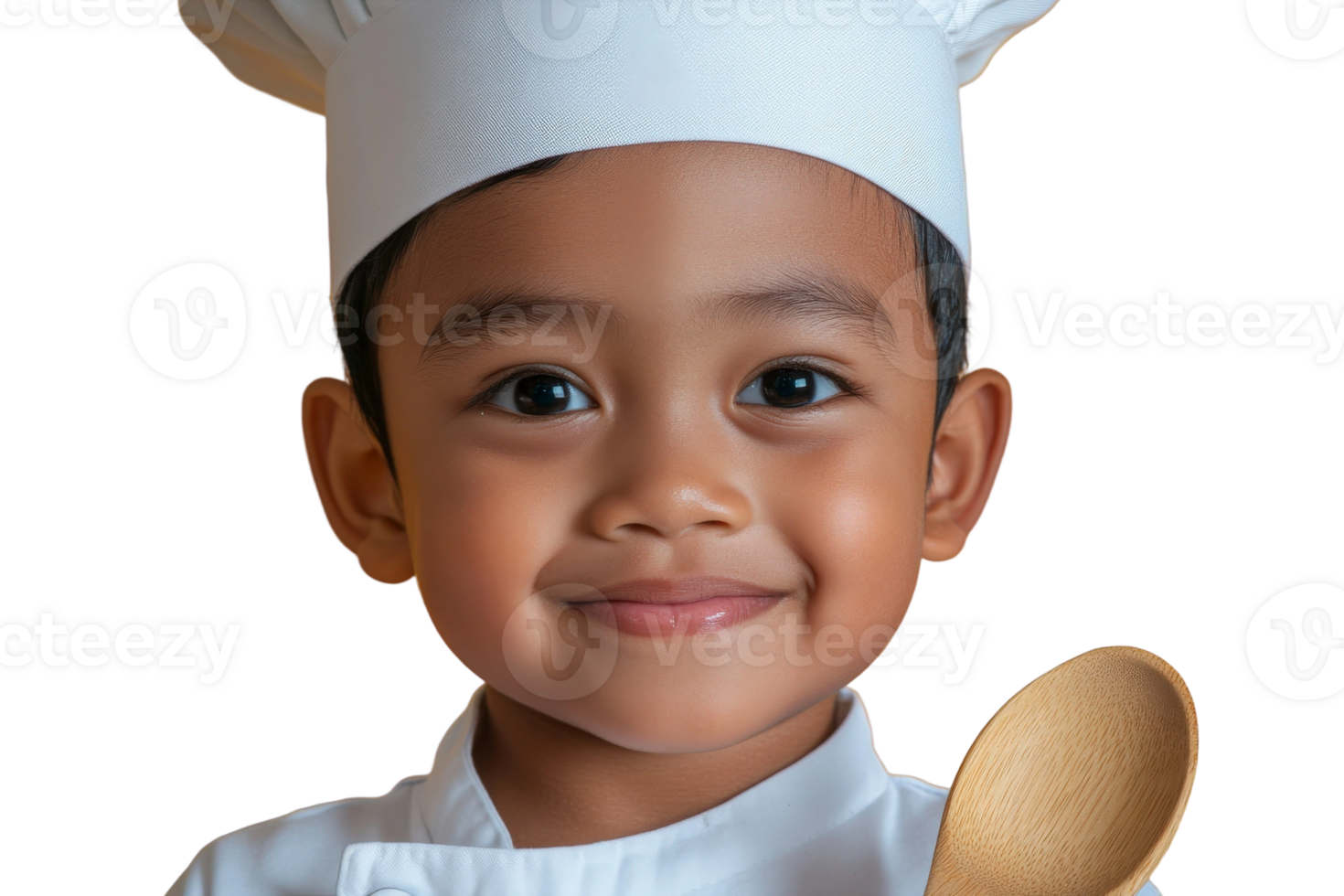 A young boy in a chef hat holding a wooden spoon png