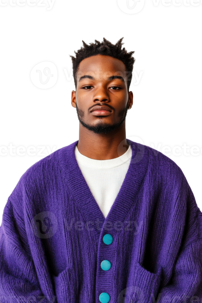 A man wearing a purple cardigan png
