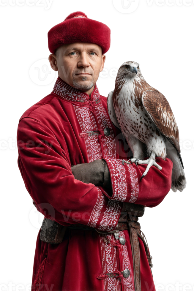 A man in a red outfit holding a hawk png