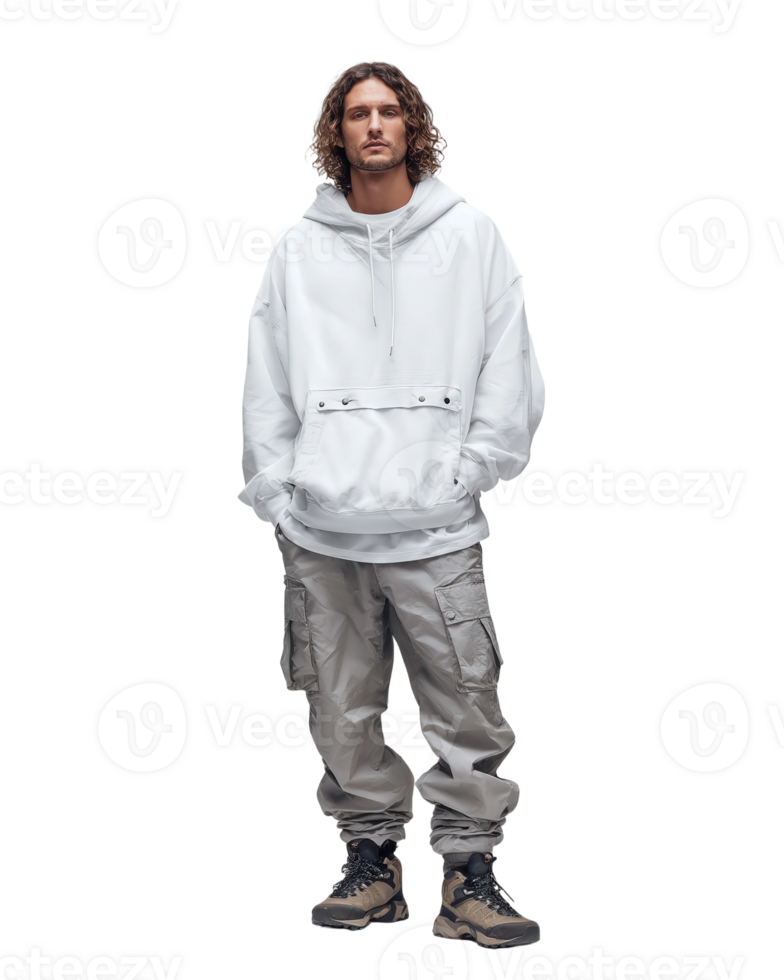 A man in a white hoodie and cargo pants png