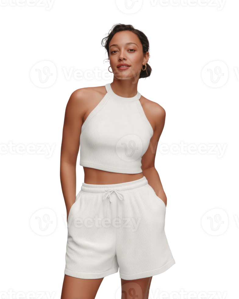 A model wearing a white crop top and shorts png