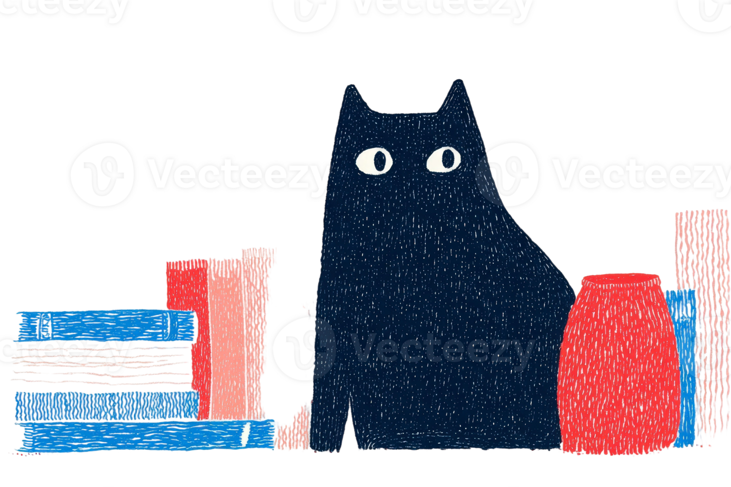 A black cat sitting next to books and vases png