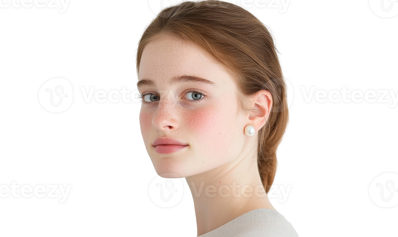 A young woman with freckles on her face png