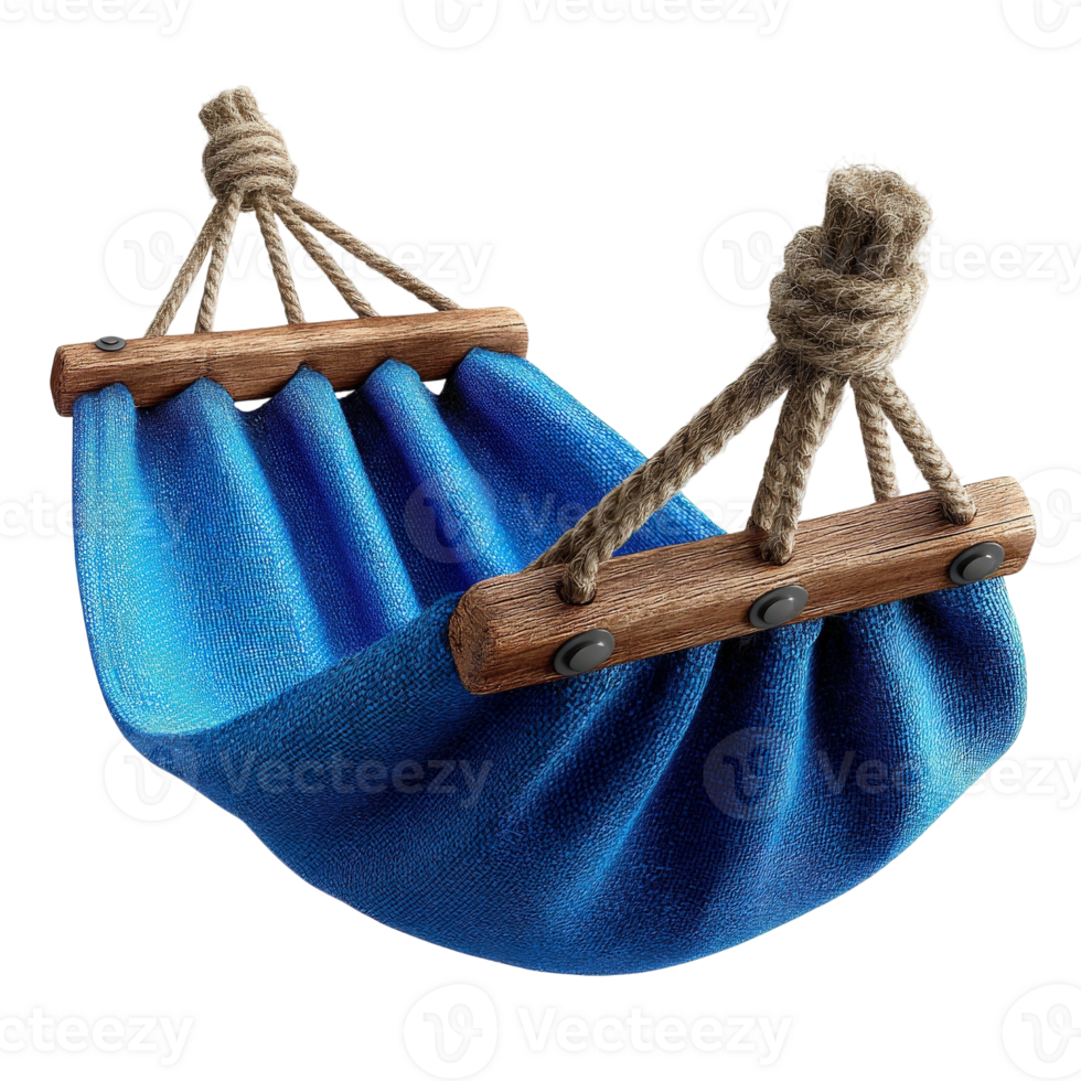 A blue hammock with rope and a wooden frame png