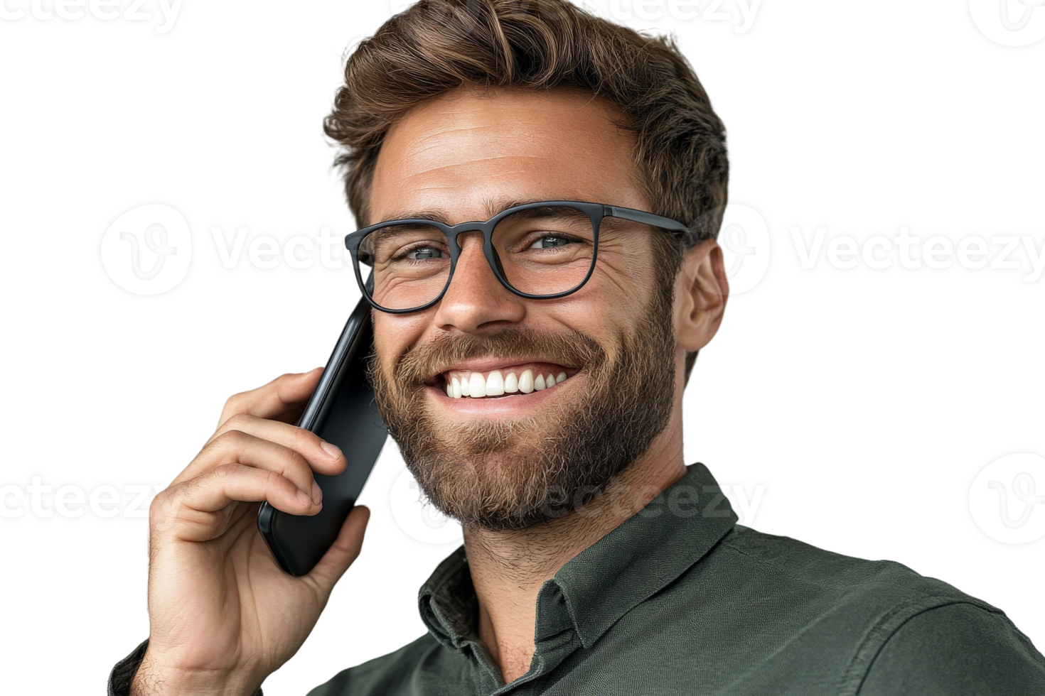 A man with glasses and a beard is talking on a cell phone png