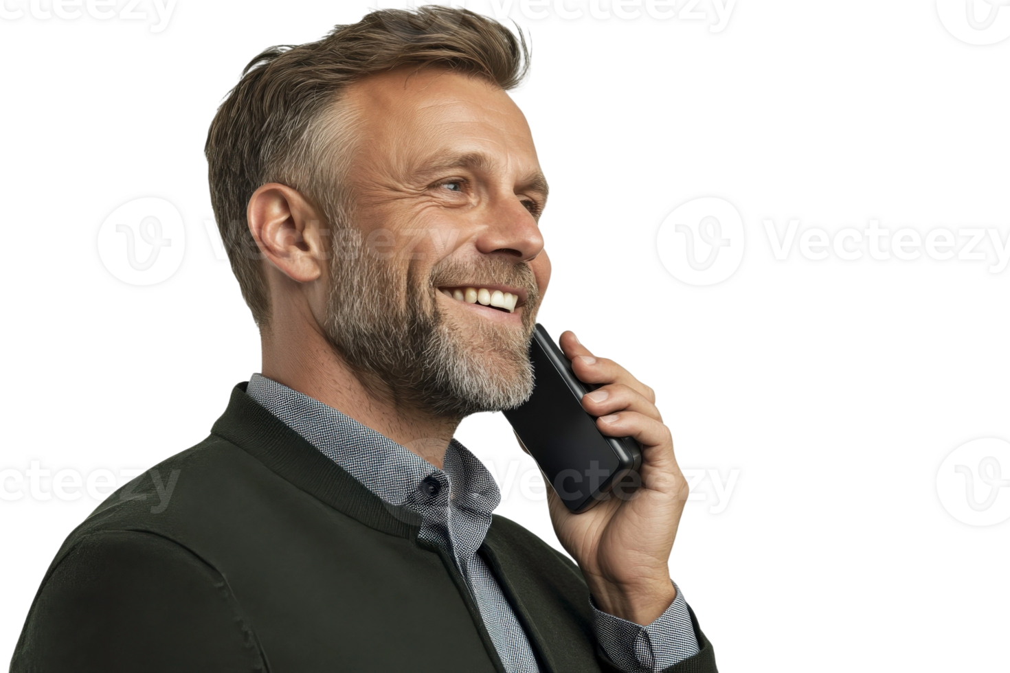 A man with a beard and a suit is talking on a cell phone png