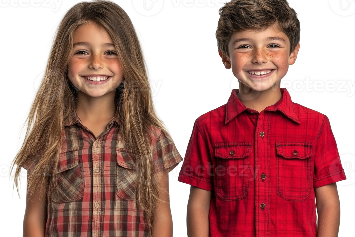 Two children wearing plaid shirts and smiling png