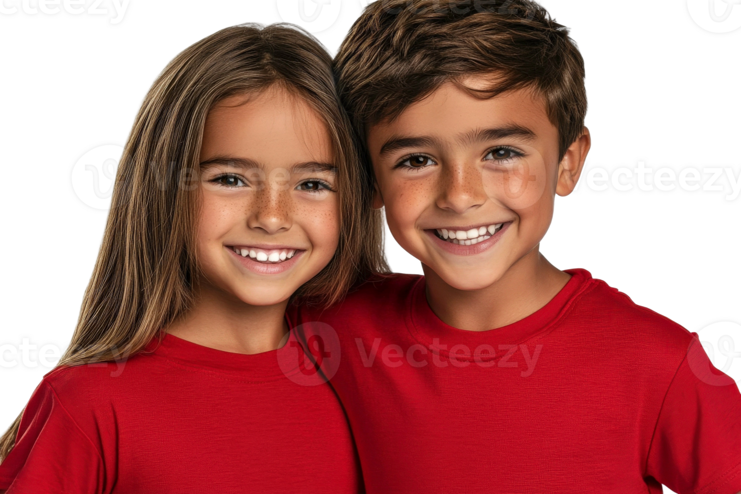 Two children in red shirts posing for the camera png