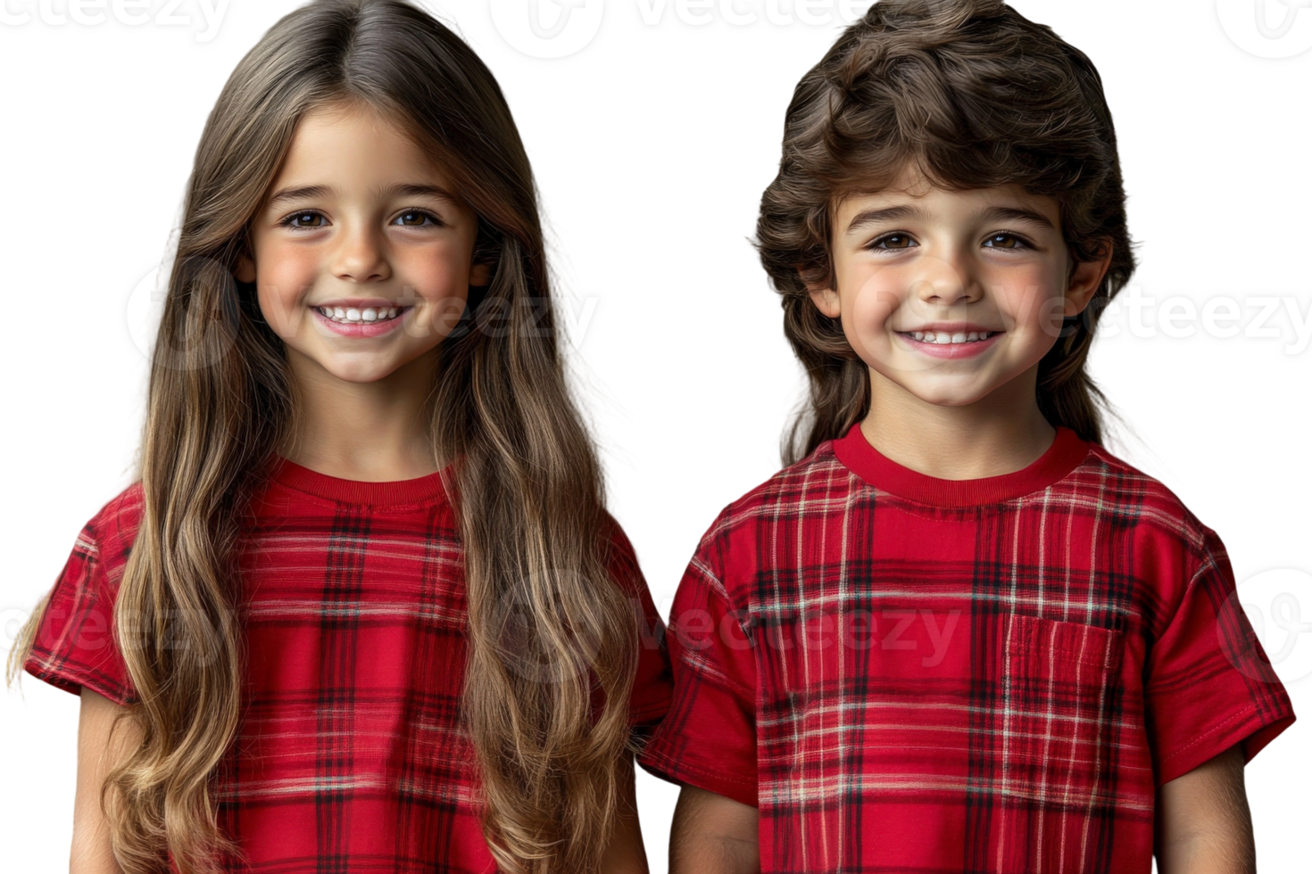 Two children wearing red shirts and smiling png