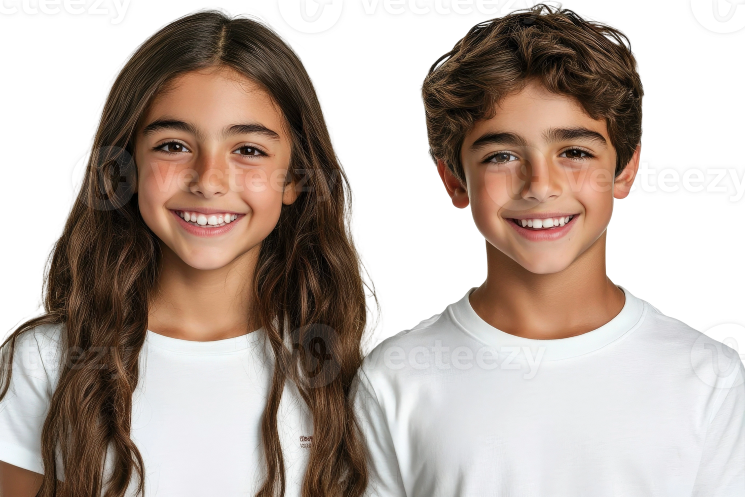 Two children smiling in white t - shirts png