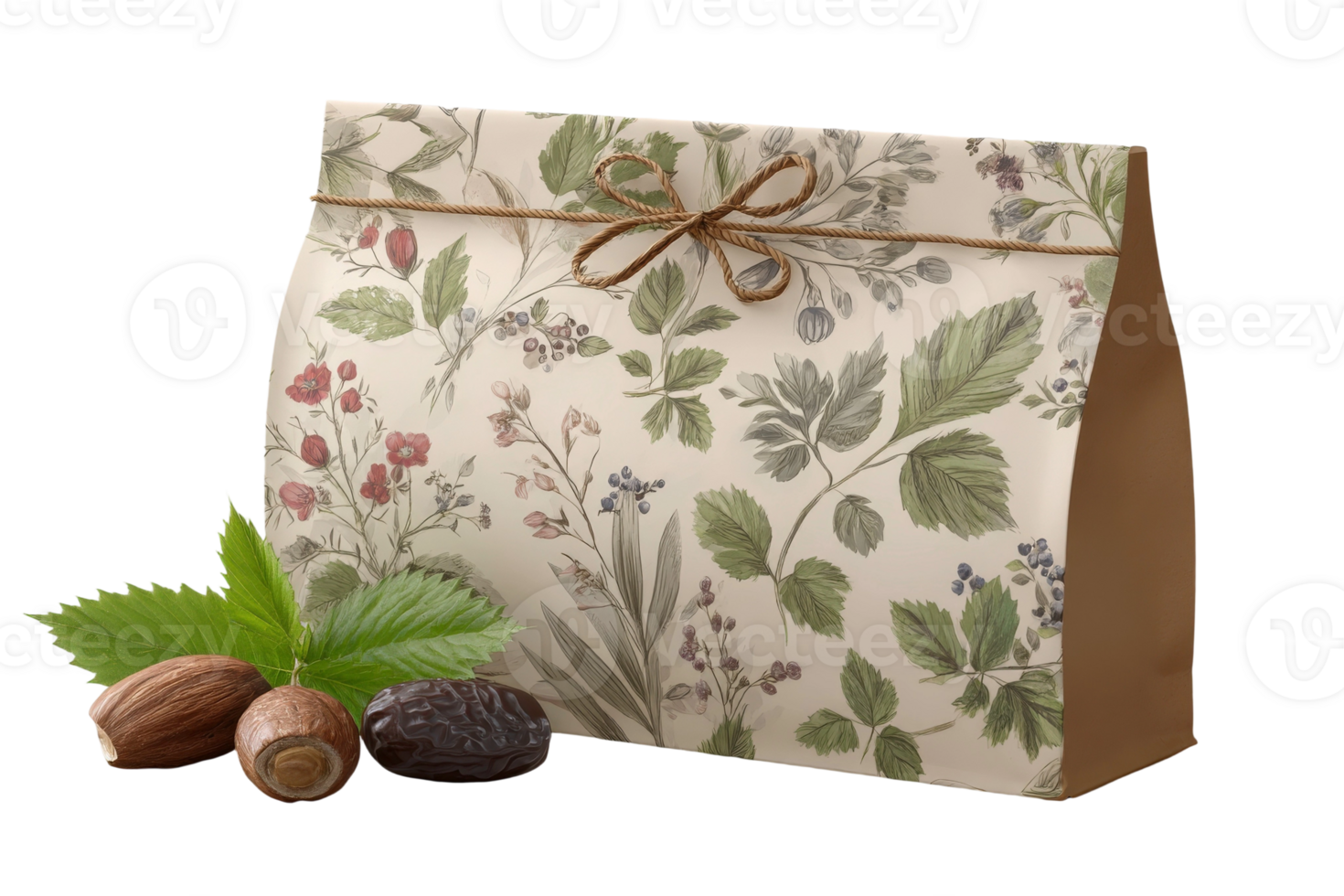 A gift bag with nuts and leaves on a black background png