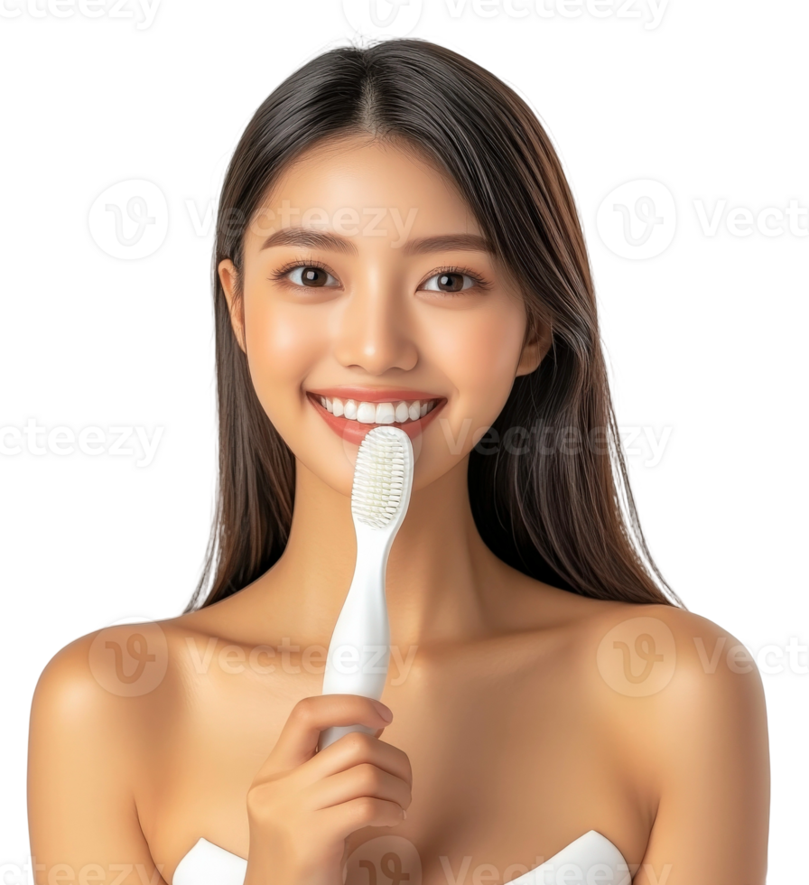 A woman holding a toothbrush in her mouth png