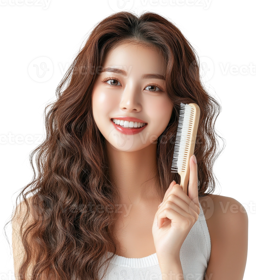 A woman holding a comb and smiling png