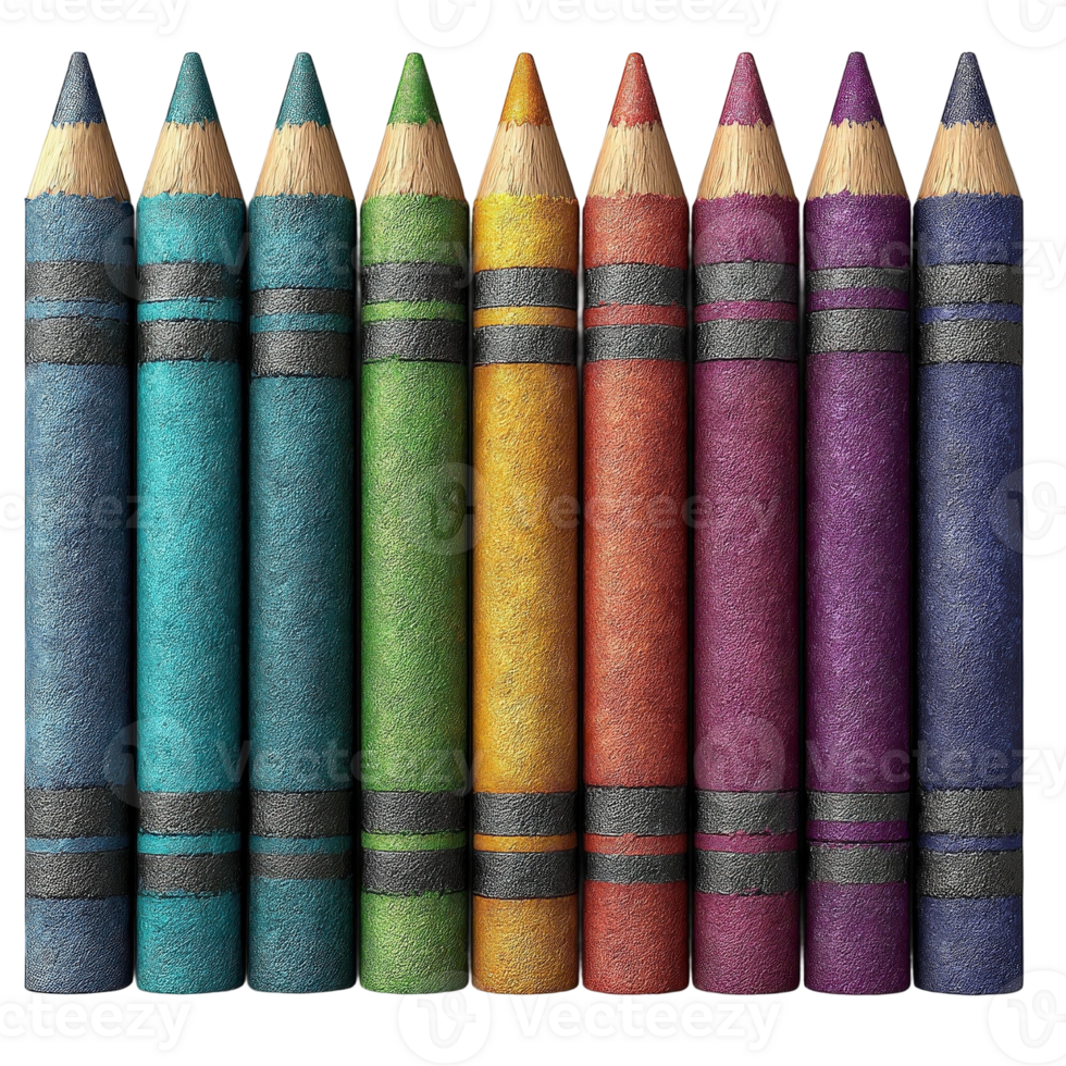 A row of colored pencils are lined up in a row png