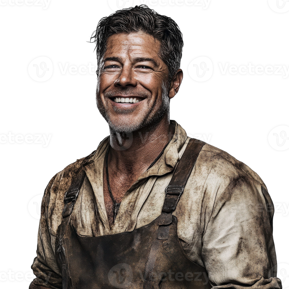 A man in an apron smiling and wearing a shirt png