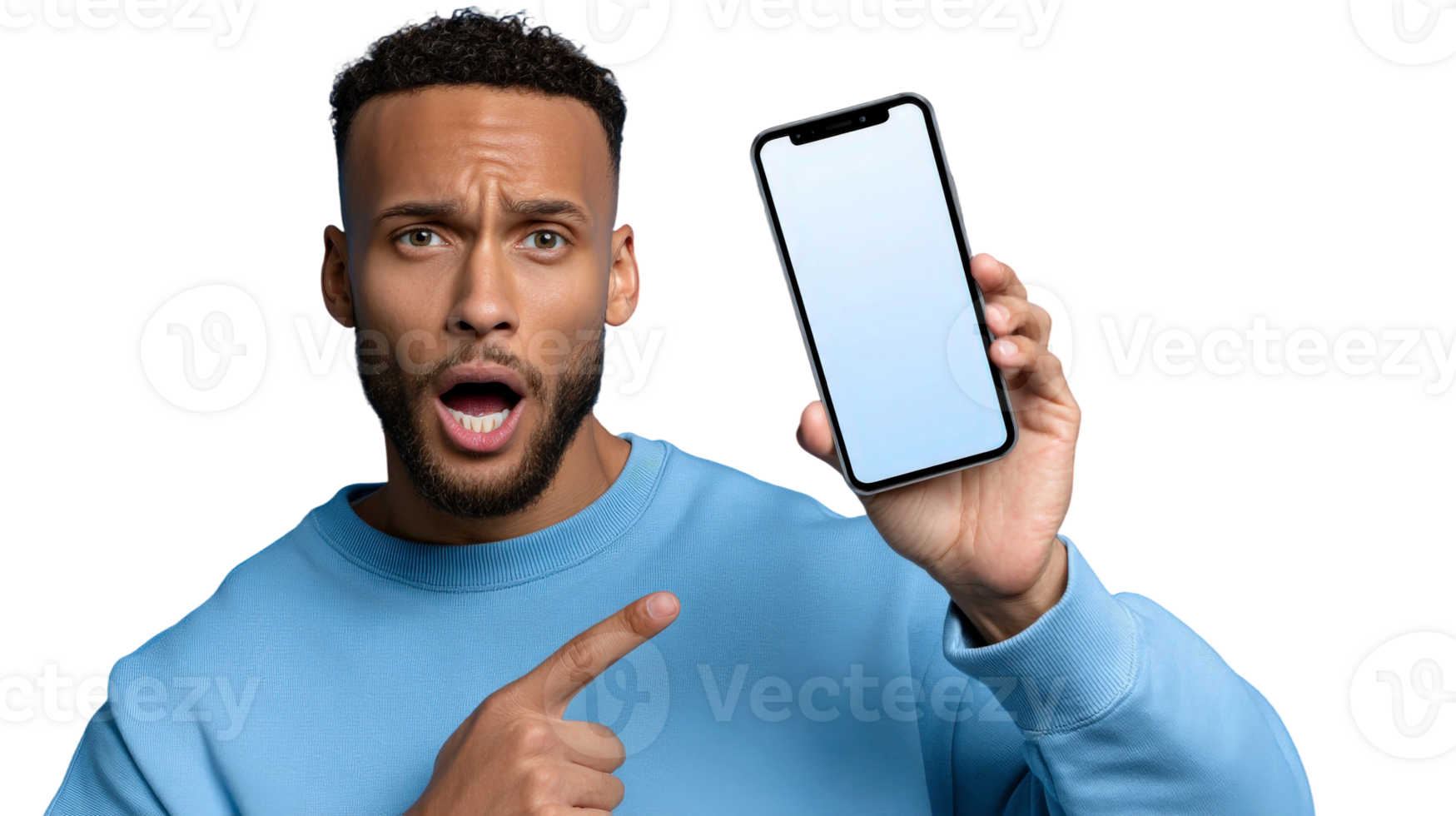 A man holding up an iphone with a blank screen png
