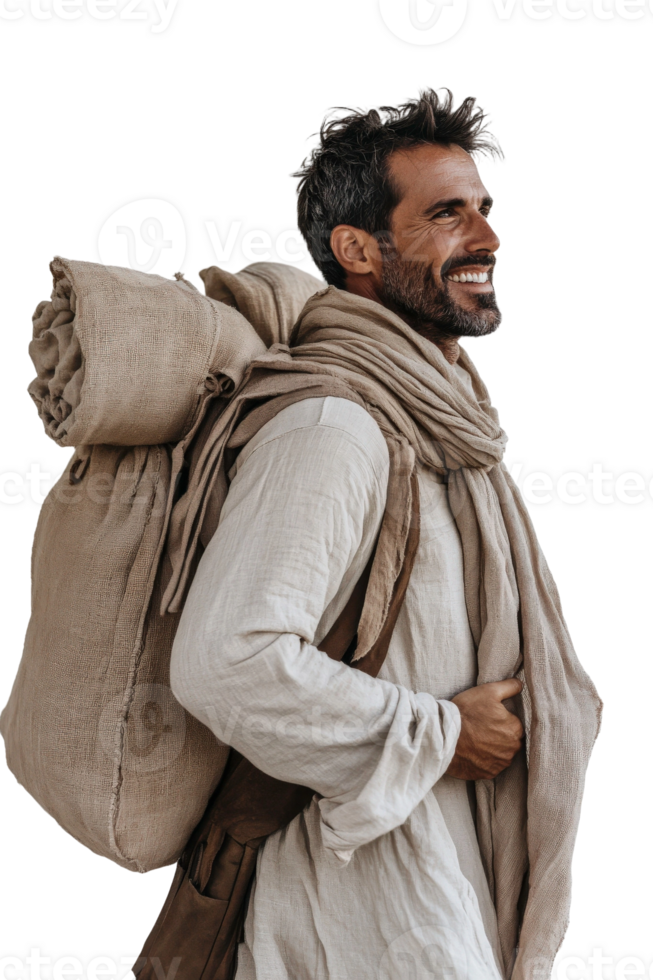 A man carrying a large bag with a blanket png