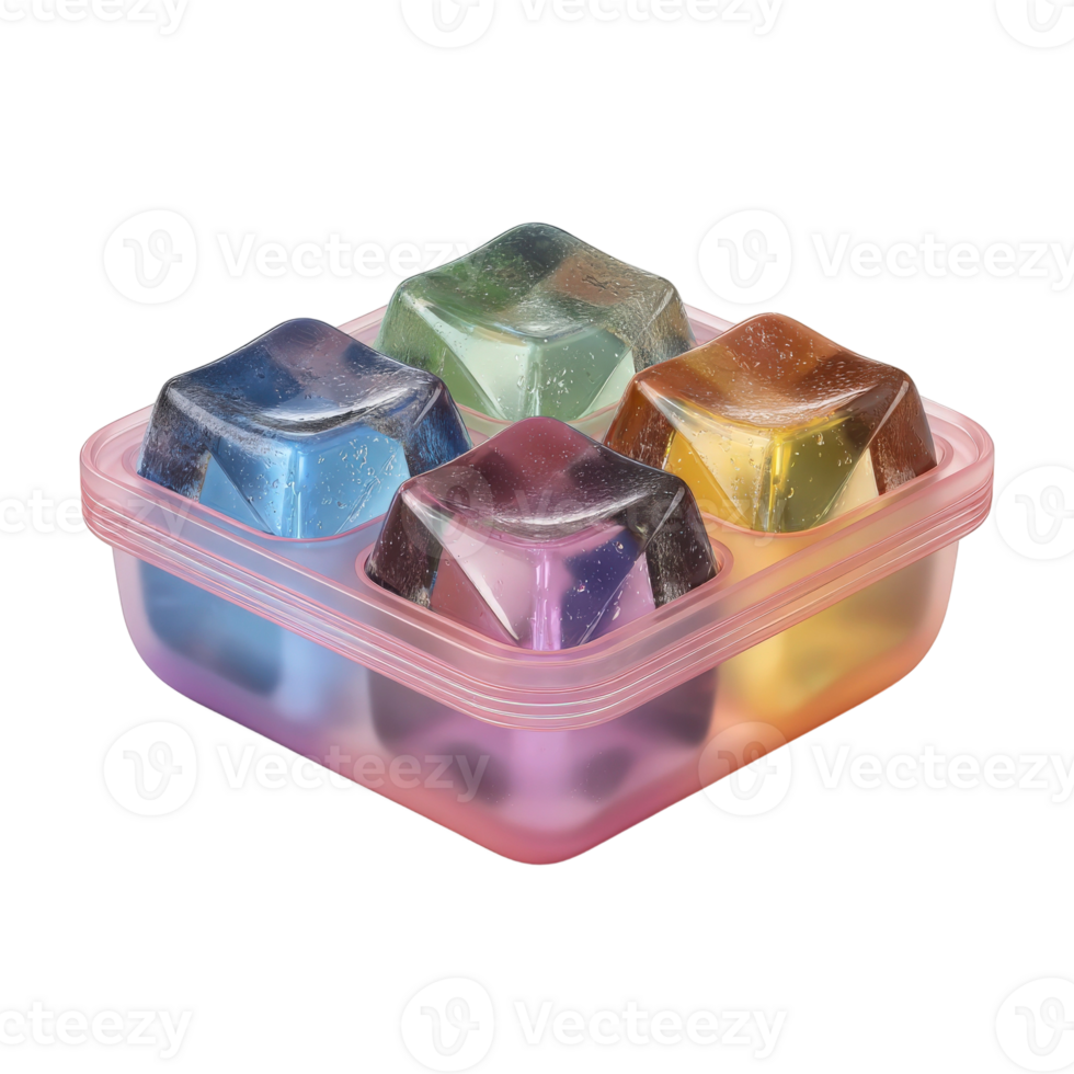 A plastic container filled with four different colored ice cubes png