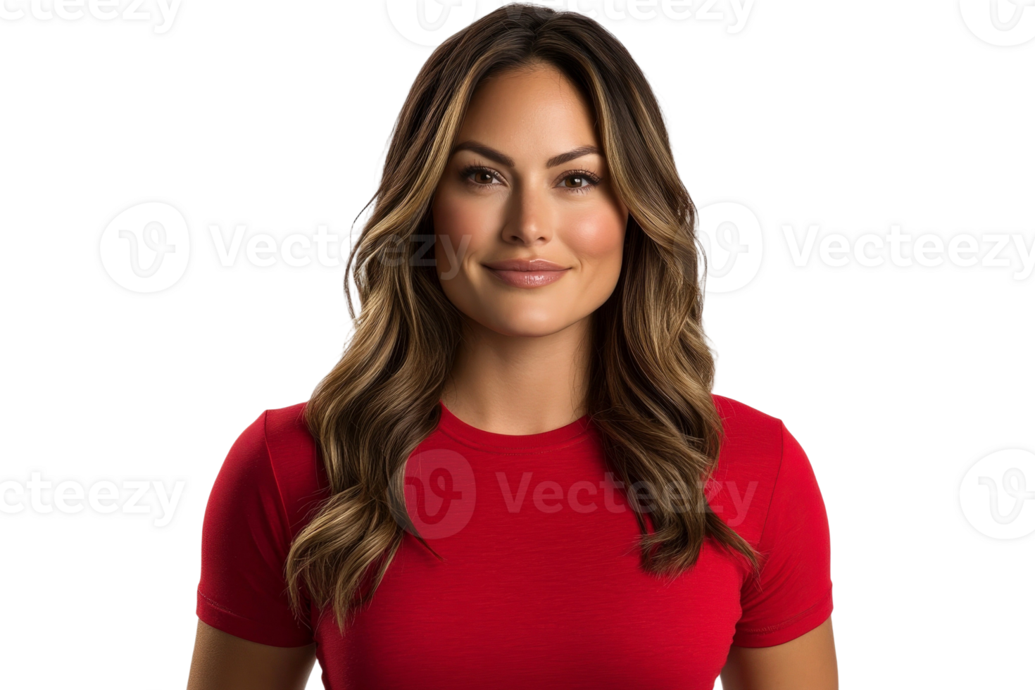 A woman in a red shirt is posing for a photo png