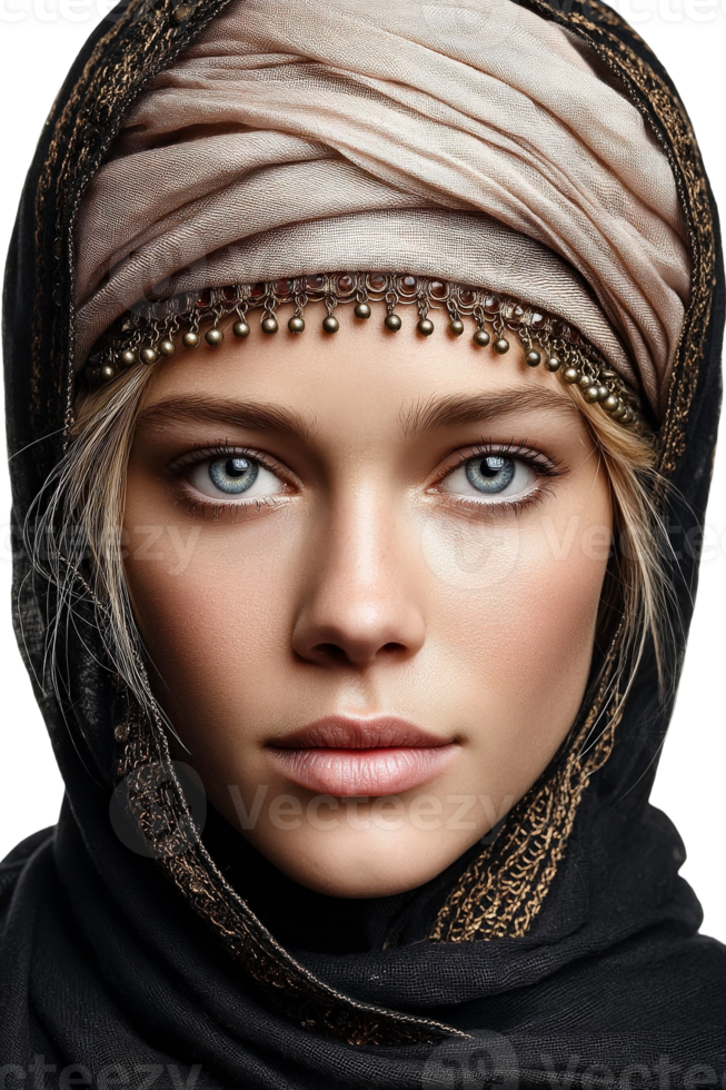 A beautiful woman in a head scarf and black dress png