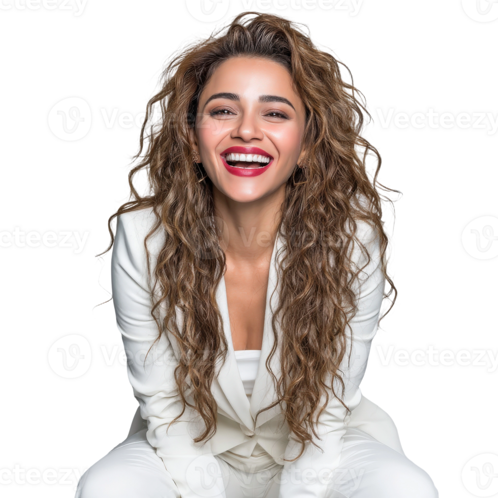 A woman with long curly hair sitting on the floor png