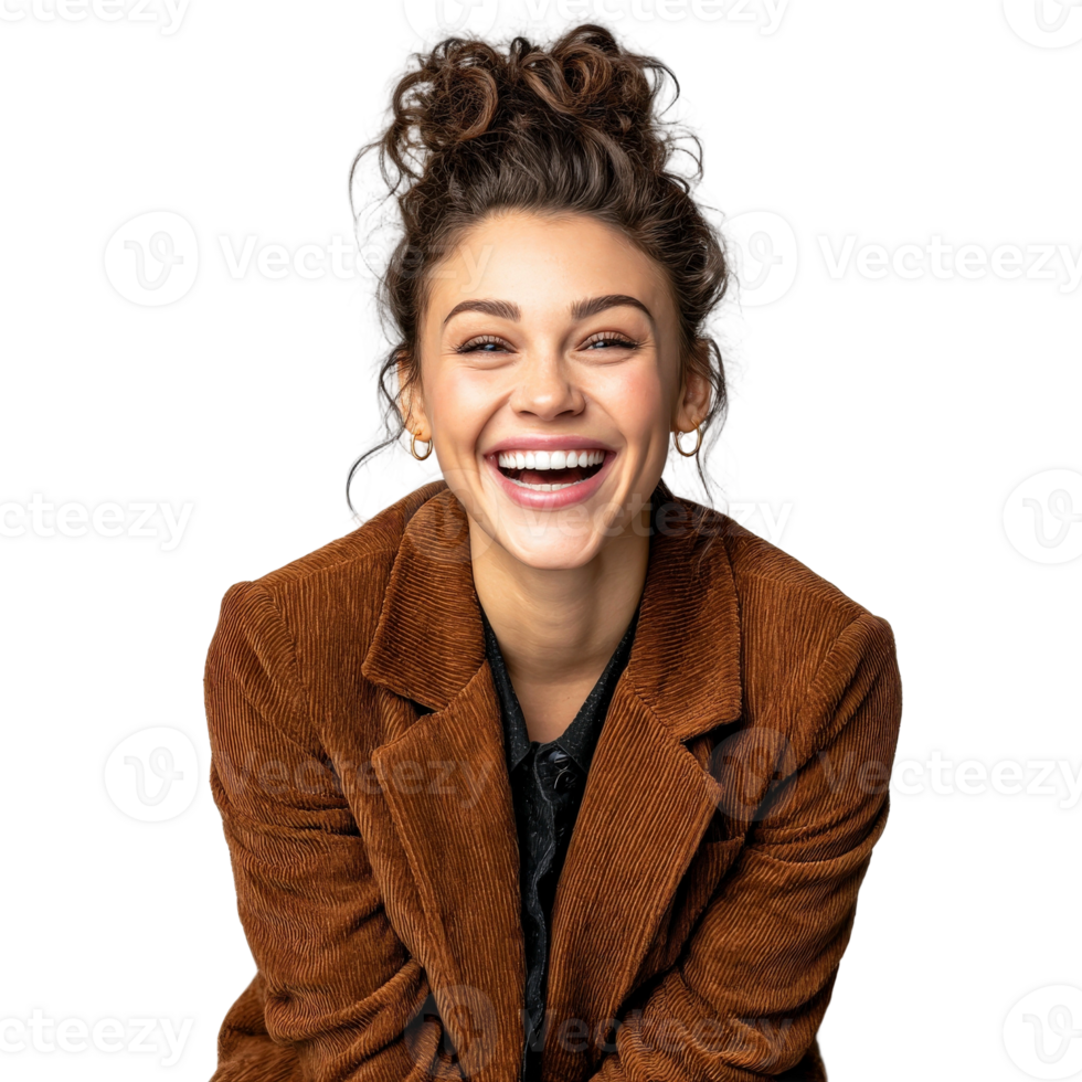 A woman in a brown jacket laughing png