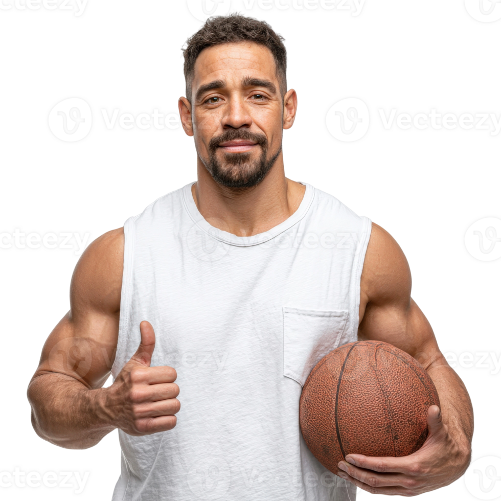 A man holding a basketball and giving a thumbs up png