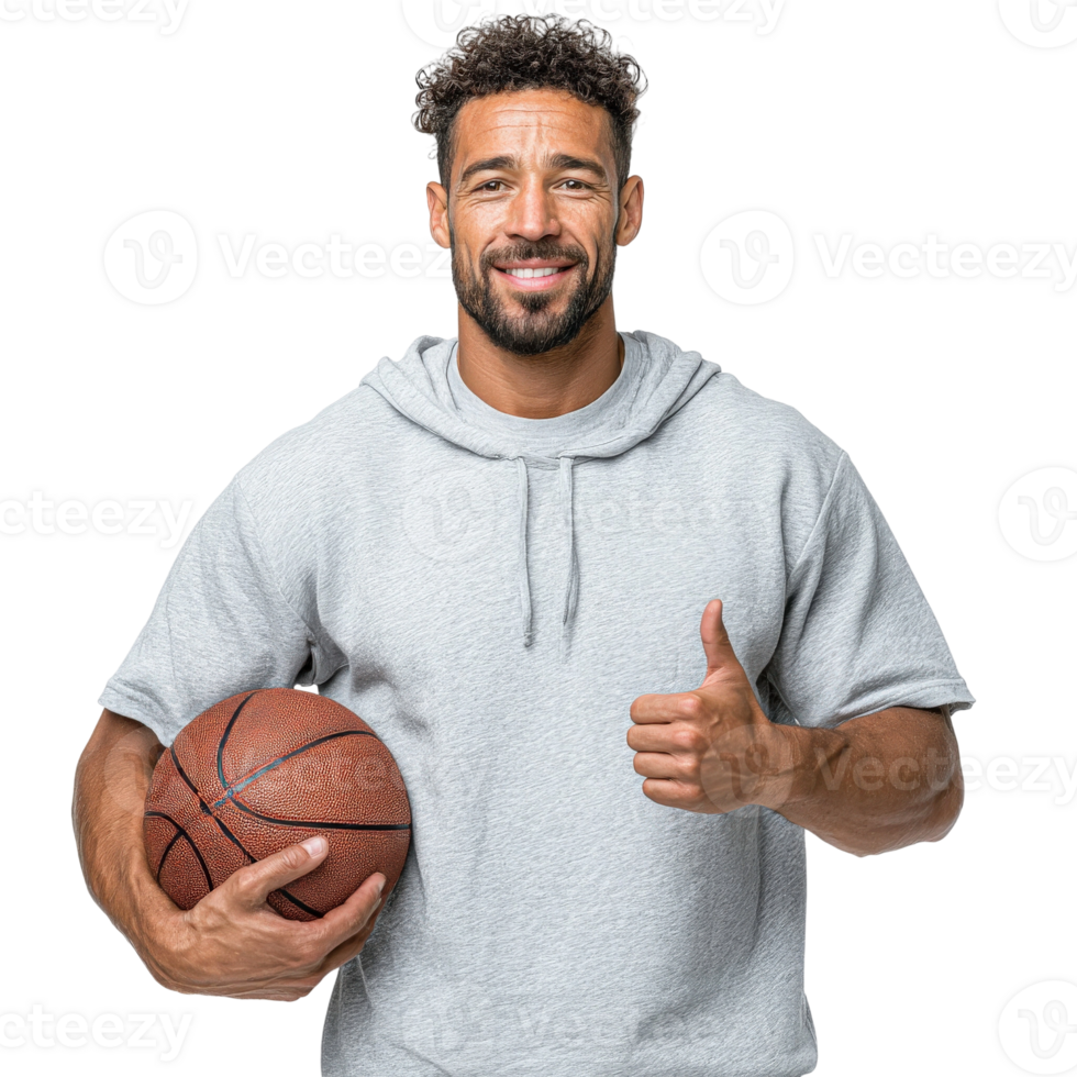 A man holding a basketball and giving the thumbs up png