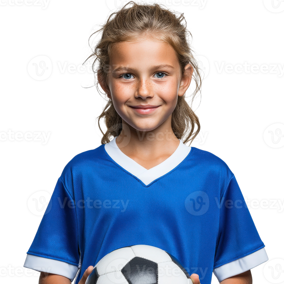 A young girl in a blue soccer uniform holding a soccer ball png